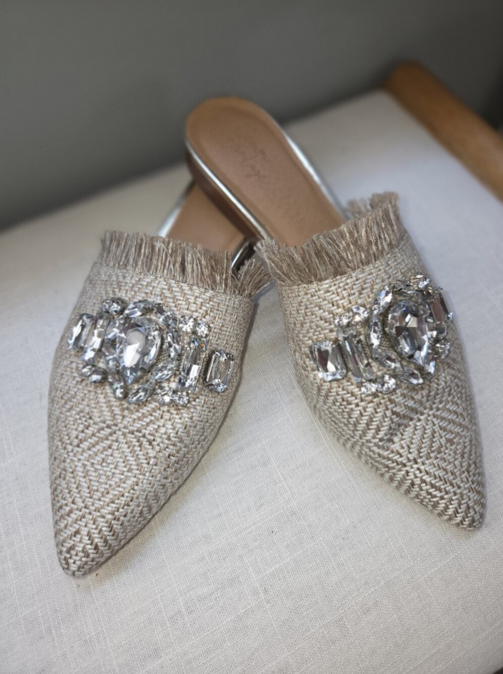 Crown Vintage Neutral Linen-Textured Mules with Crystal Embellishment